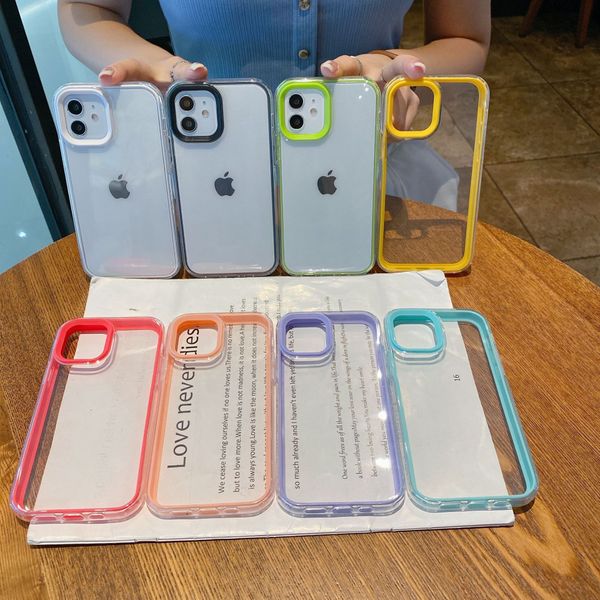 2 em 1 Capas de telefone transparentes coloridas para iPhone 12 11 Pro Max XR X XS Max 7 8 Plus 12 Mini capa à prova de choque de silicone macio