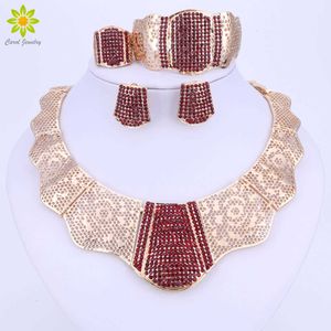 Nouvelle mode or couleur ensembles de bijoux de mariage cristal rouge collier ras du cou boucles d'oreilles Bracelet anneau ensemble de bijoux de mariée ensemble H1022