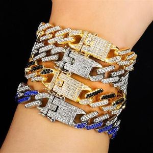 Nieuwe Mode Vergulde Bling Kleurrijke Diamant Heren Dames Hip Hop Zwart Rood Blauw Cubaanse Link Chain Armband Curb Raper kettingen Gift291V