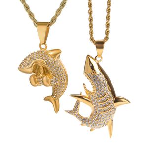 Nouveau mode plaqué or en acier inoxydable Bling diamant hommes requin pendentif chaîne collier personnalisé Hip Hop rappeur bijoux cadeaux pour hommes