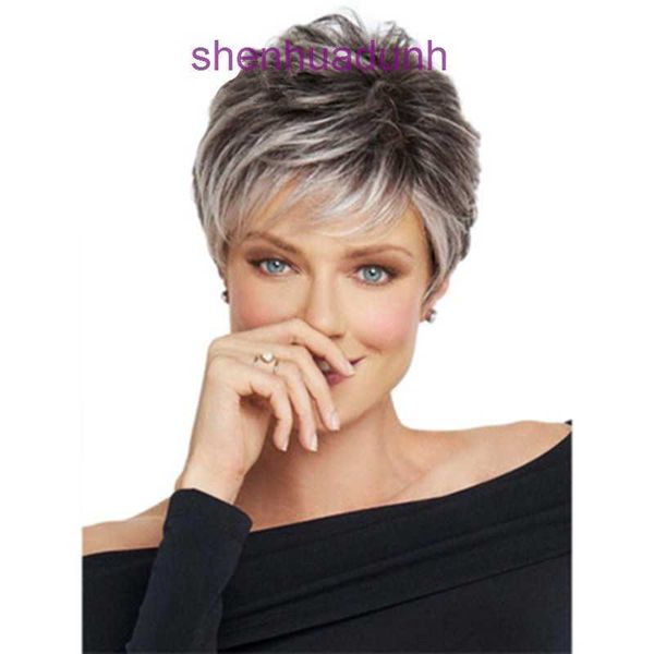 Nueva moda plateado plateado gris gris peluca de pelo corto flequillo inclinado a alta temperatura seda