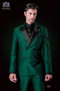Nouveau Mode Vert Satin Groom Tuxedos Excellent Garçons D'honneur Blazer Double Boutonnage Slim Fit Hommes Business Party Costume De Bal ((Veste + Pantalon + Cravate)