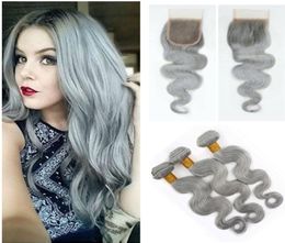 Nouvelle Mode Gris Argent Brésilien Vierge Cheveux Weave 3 Bundles Avec Fermeture À Lacets Vague De Corps Extension de Cheveux Humains Avec Fermeture À Lacets G8686068