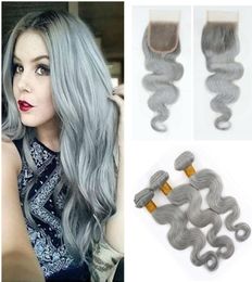 Nouvelle Mode Gris Argent Brésilien Vierge Cheveux Weave 3 Bundles Avec Fermeture À Lacets Vague De Corps Extension de Cheveux Humains Avec Fermeture À Lacets G7613404