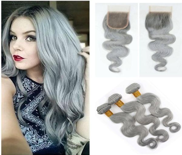 Nouvelle Mode Gris Argent Brésilien Vierge Cheveux Weave 3 Bundles Avec Fermeture À Lacets Vague De Corps Extension de Cheveux Humains Avec Fermeture À Lacets G8686068