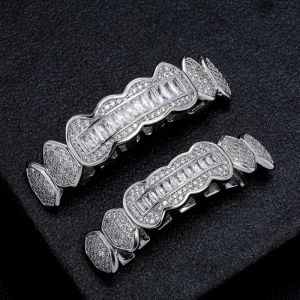 Nieuwe Mode Grills Zilver Vergulde Volledige Bling Baguette CZ Tanden Grillz Top Bottom Grills Set Sieraden Geschenken voor Mannen