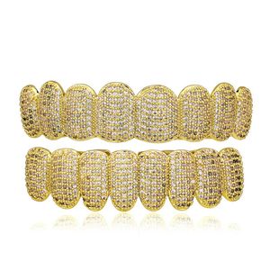 Nuevas parrillas de moda Chapado en oro plateado Full Bling CZ Iced Out Teeth Grillz Top Bottom Grills Set Joyería Regalos para hombres