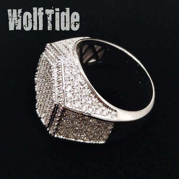 Mode Micro Pavé CZ Zircon Hexagone Bague Iced Out Bling Punk Rock Cubique Zircone Anneaux Bijoux 18K Réel Or Blanc Hommes Hip Hop Cadeaux De Fiançailles pour Les Amoureux