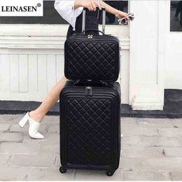 Nouvelle mode pouces femmes Spinner en cuir rétro sac à roulettes valise de voyage Pu bagage à main ensemble J220707