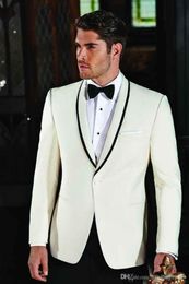 Nieuwe Mode Ivoor Bruidegom Tuxedos Sjaal Revers Man Werk Prom Pak Blazer Coat Broek Set (Jas + Broek + Tie) H: 861