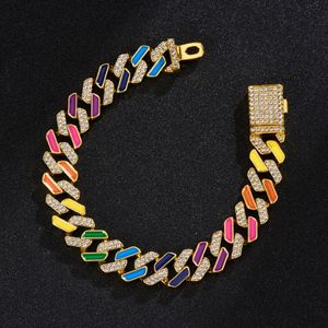 Nouveaux bijoux de mode charmes collier cubain 12mm diamant coloré arc-en-ciel bracelet européen et américain plein de diamants collier hip hop femmes