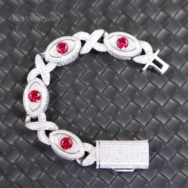 Nueva joyería de moda para hombre Ruby Eyes 15Mm Sterling Sier VVS Moissanite Diamond Cuban Link pulsera