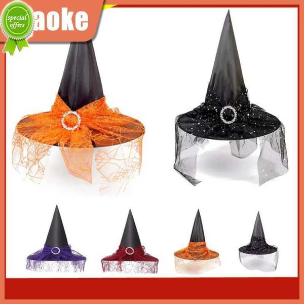 Nueva moda, sombrero de bruja de encaje, sombrero de mago, fiesta de disfraces de Halloween, sombrero de tafetán de poliéster, vestido para adultos y niños, sombrero de bruja de Halloween de malla