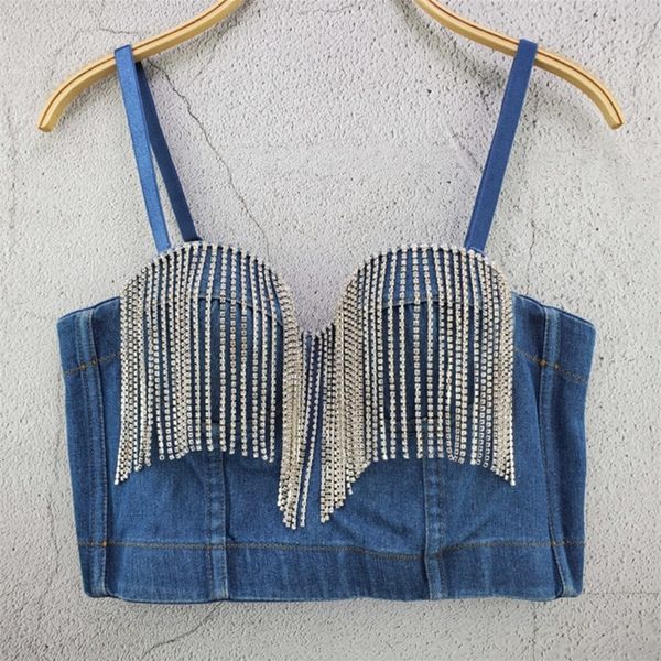 Nueva moda para mujer Camis Runway Jeans Crop Top Luxury Blue Sexy Hot Celebrity Party Club Chaleco 210308