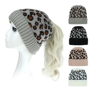 Nouveau mode léopard femmes hiver chapeaux en plein air chaud laine tricoté chapeau doux élastique dames queue de cheval bonnet casquettes pour dames