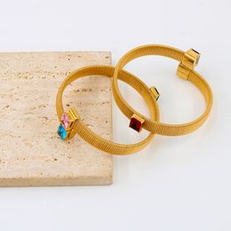 Nouveaux bracelets de luxe légers à la mode Style de bande de pierre en acier inoxydable Texture incrustée de zircon Bracelet ouvert avec bracelet en or plaqué sous vide 18 carats