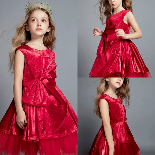 Robes à fleurs en velours rouge pour filles, nouvelle mode, joli col à bijoux, ceinture avec nœud papillon, robes de fête de noël pour enfants