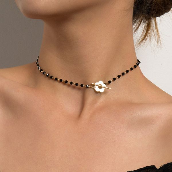 Nouvelle mode de luxe noir cristal verre perle chaîne collier ras du cou pour les femmes fleur Lariat serrure collier collier cadeaux en gros YMN020