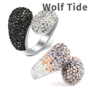 Nieuwe mode luxe titanium roestvrijstalen dames bling zwarte diamant vinger ringband bruiloft verloving sieraden geschenken voor vrouwen groothandel