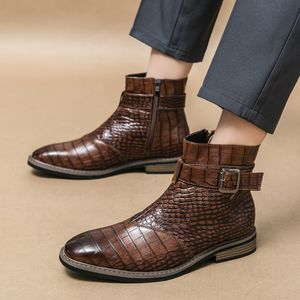 Bottines en cuir à motif d'alligator pointu pour homme, chaussures de luxe décontractées à plateforme haute, nouvelle mode, Zapatos Hombre