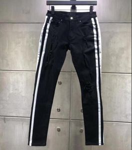 New Fashion Men White Stripe Wear Stretch Jeans brise les trous motifs Hollow Out Biker Classic Easy Slim Straight Denim TROUSE1937652