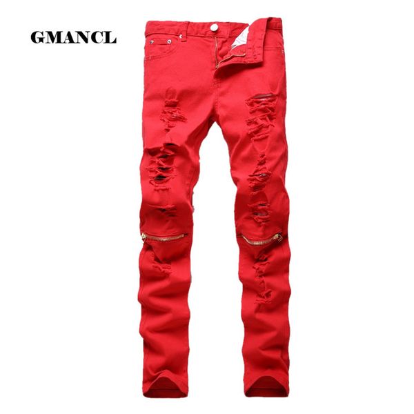 Nueva moda para hombre Ripped Biker Jeans 100% algodón Rojo Negro Blanco Slim Fit Motorcycle Jeans Hombres Skinny Hole Denim Joggers Pantalones C1123