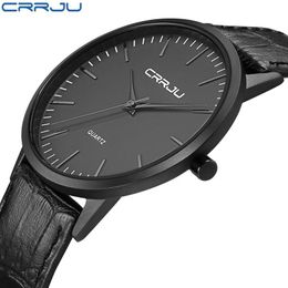 Nouvelle mode hommes montres CRRJU marque de luxe hommes noir montre à Quartz décontractée mâle Ultra mince bracelet en cuir horloge erkek saat255k