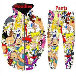 Nieuwe Mode Mens / Dames Stripfiguren 90s Grappige 3D Print Hoodie + Broek JY07