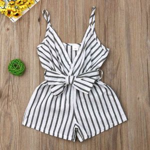 Nieuwe mode pasgeboren baby baby meisje gestreepte kledingriem romper Casual mouwloze jumpsuit -outfit G220521