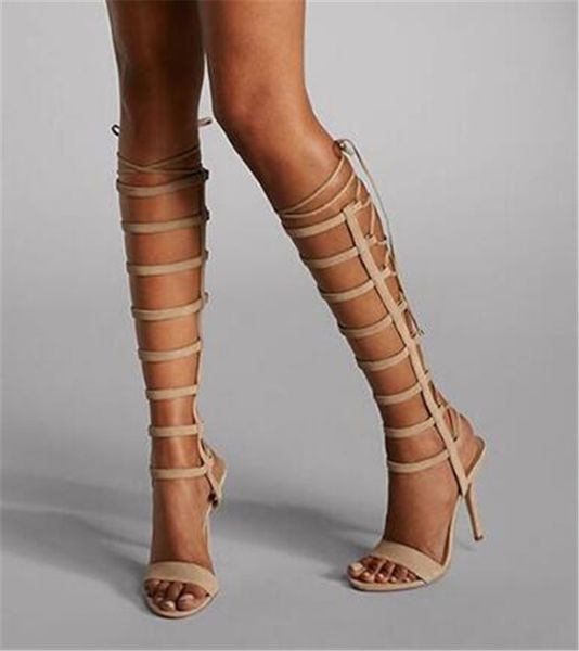 NUEVA Moda Open Summer Women Toe Soe Stores Knee Stiletto Gladiator Lace-Up Beige Black High Heel Long Boots 5