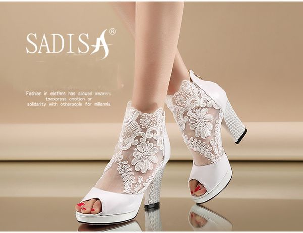 Nueva moda Peep Toe botas de boda de verano zapatos de fiesta de noche de encaje blanco Sexy tacones altos de novia vestido Formal de señora Shoes3172