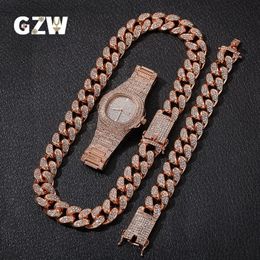 Nouvelle mode personnalisée 20mm or Blingbling hommes chaîne à maillons cubains collier bracelet montre ensemble hip hop rappeur bijoux cadeaux pour M2520