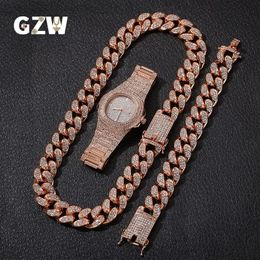 Nouvelle mode personnalisée 20mm or Blingbling hommes chaîne à maillons cubains collier bracelet montre ensemble hip hop rappeur bijoux cadeaux pour M290P
