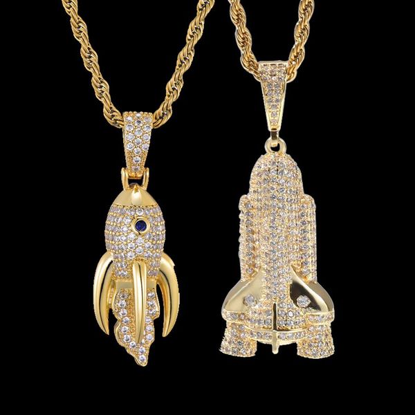 Nueva moda personalizada chicos chapado en oro para hombre Bling Rocket Ship colgante collar cadenas Hip Hop Iced Out Rock Rapper joyería Gift219v