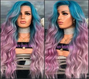 Nouvelle mode Peruca Cabelo profonde longue vague de corps perruques de cheveux style de célébrité bleu Ombre rose violet synthétique dentelle avant perruque pour femmes 3992147