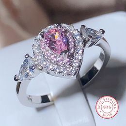 Nieuwe Mode Roze CZ Trouwringen Voor Vrouwen Met Zirconia Water Drop Mariage Bruid Ring Party Engagement Sieraden Gift