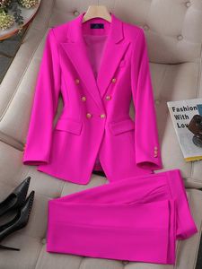 Nieuwe mode roze groene zwarte dames werk slijtage pant suit vrouwen vrouwelijke knop decoratie formele jas blazer en broek 2 -delige set 240127