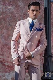Nieuwe Mode Roze Bruidegom Tuxedos Uitstekende GroomsMen Blazer Double-Breasted Slim Fit Mannen Business Party Prom Pak ((Jas + Pants + Purity Tie) 01
