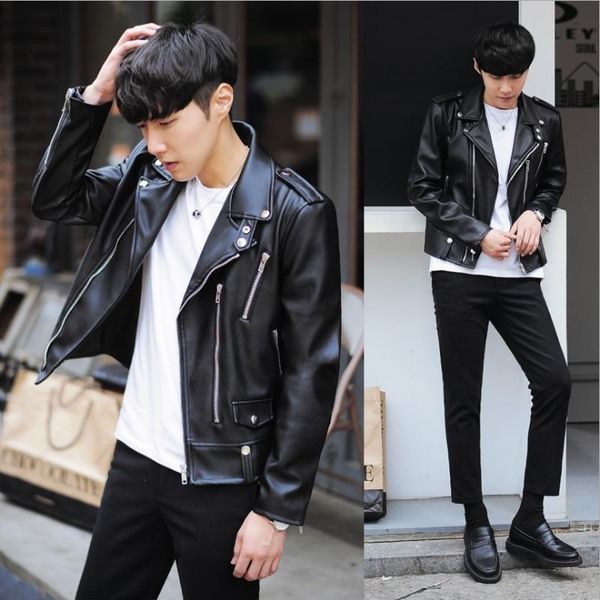 Nouvelle mode Pu Leather Spring Men Black Solid Mens Coats Trend Slim Fit Youth Motorcycle Jacket Gaoqisheng123
