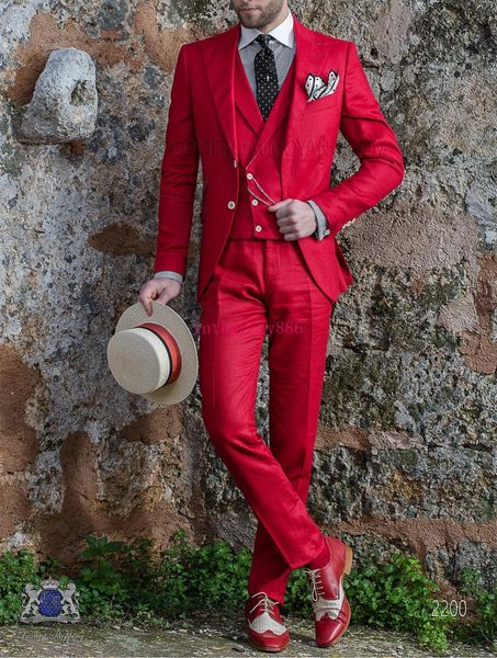 Nueva moda, traje rojo de 3 piezas, esmoquin de boda para hombres, esmoquin para novio guapo, excelente chaqueta de fiesta para cena de negocios para hombres (chaqueta + pantalones + corbata + chaleco) 481