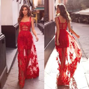 Nieuwe Mode Rode 3D Geappliceerd Prom Jurken Spaghettibandjes Kralen Avondjurken Een Lijn Plus Size Floor Lengte Tule Formele kleding