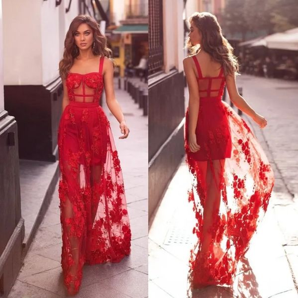 Nouvelle Mode Rouge 3D Appliqued Robes De Bal Bretelles Spaghetti Perlées Robes De Soirée Une Ligne Plus La Taille Étage Longueur Tulle Robe Formelle