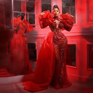 Nouvelle mode rouge strass perlé sirène robe de bal 2023 jolis volants tulle demi manches grande taille Afrique formelle robes de soirée 322