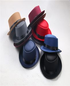 Nieuwe mode retro vilt jazz hoed ronde platte tophoeden voor mannen vrouwen elegante solide vilt fedora hoed band brede platte riem hoeden pa7411099