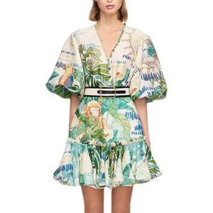 Neue Fashion Runway Sommer frauen Kleid EleganCasual Frühling Floral Print Schlank Taste Dame Kleid EINE Linie O Neck Chiffon einzelne 255A