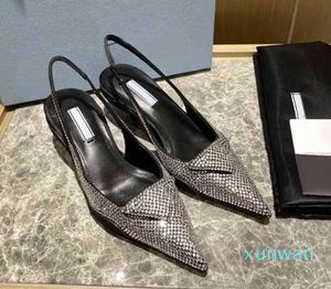 Nouvelle mode slingbacks en satin avec cristaux sandale en cuir métallique pompes à talons hauts femmes pantoufle tache mules designer chaussures de robe à glissière plate taille de bureau
