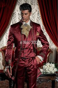 Nouvelle mode brillant bordeaux broderie marié Tuxedos col montant hommes costumes 3 pièces mariage bal Blazer (veste + pantalon + gilet) W496