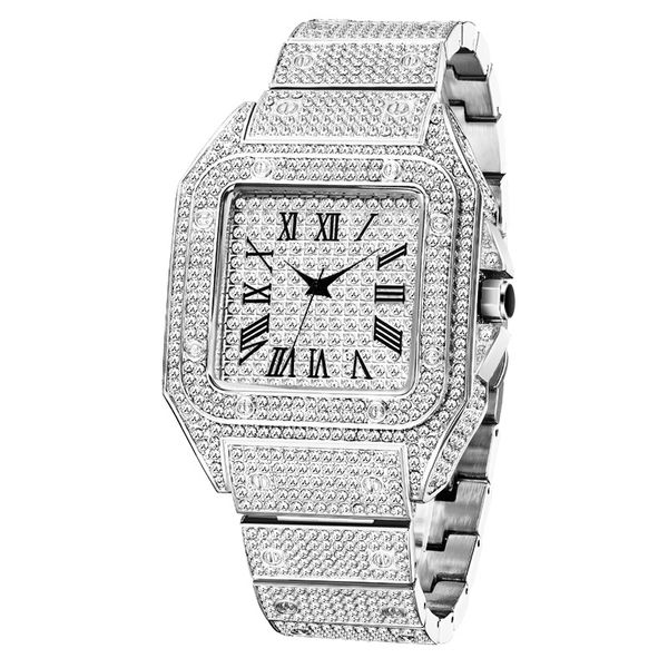 Nuevo reloj cuadrado de moda para hombres Ahueca hacia fuera Hip Hop Reloj de diseño de lujo para hombres reloj reventado Reloj lleno de diamantes Calendario de 42 mm Roma Hip Hop diamante