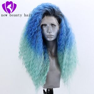 Nieuwe Mode Stijl Ombre Blue Color Full Lace Front Pruiken Pre Geplukt Braziliaanse Losse Krullend Pruik Lijmloze Synthetische Haar Pruiken voor Blanke Vrouwen