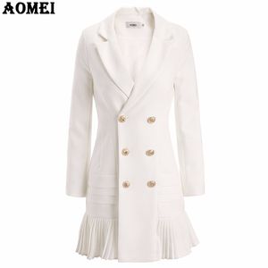 Nuevo traje de moda para mujer, Blazer, ropa de trabajo, blanco con volantes, para oficina, para mujer, ropa larga para otoño, botón dorado, Top para primavera e invierno